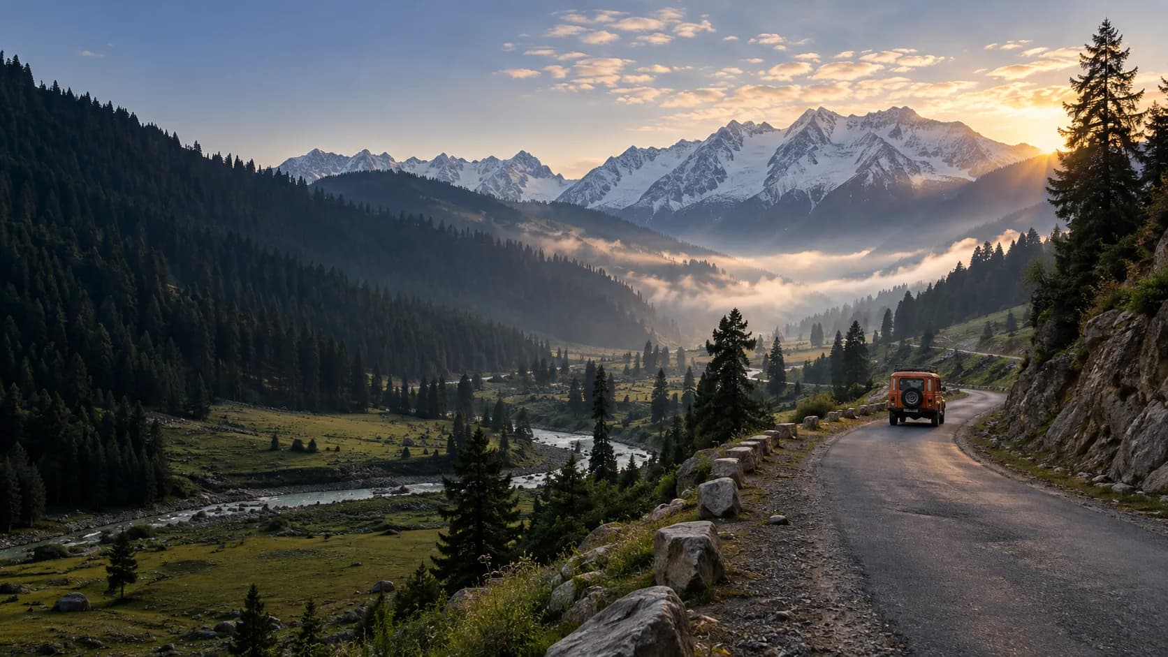A winding road through a Himalayan valley in Kashmir